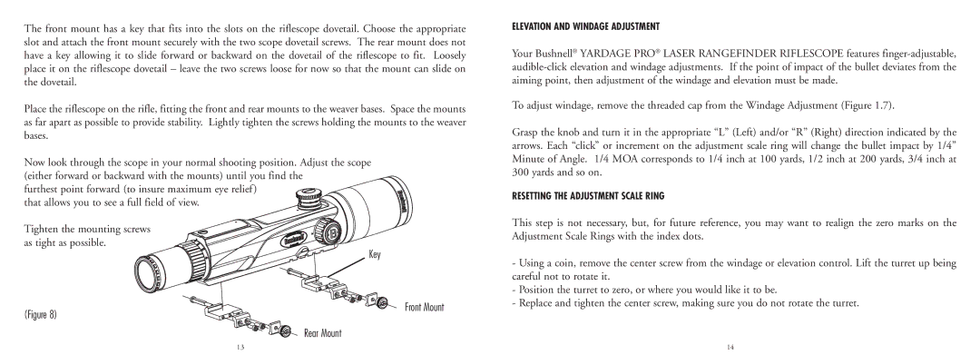 Bushnell 20-4124EU manual Key, Rear Mount, Elevation and Windage Adjustment, Resetting the Adjustment Scale Ring 