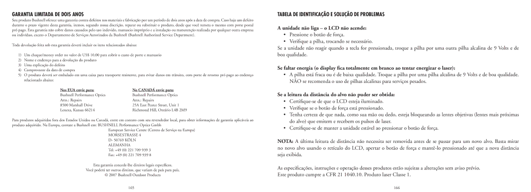 Bushnell 20-4124EU manual Garantia Limitada DE Dois Anos, Tabela DE Identificação E Solução DE Problemas 