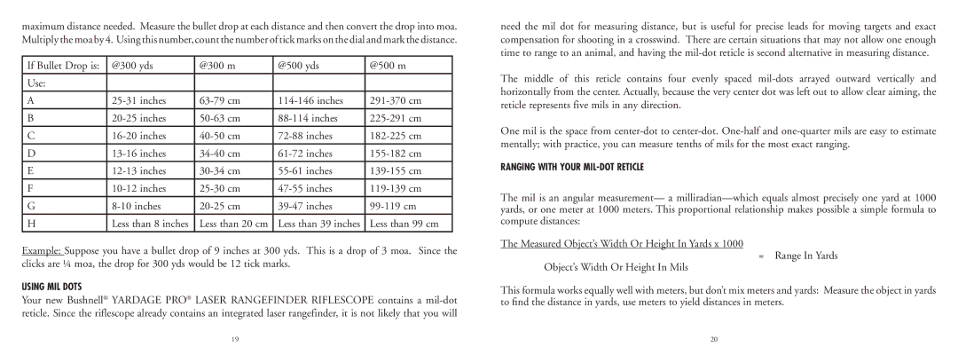Bushnell 20-4124EU manual Using MIL Dots, Ranging with Your MIL-DOT Reticle 