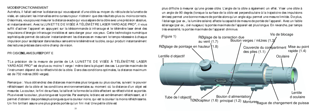 Bushnell 20-4124 manual Au vent, Lentille d’objectif, Bouton verges / mètres Couvercle du compartiment, Des piles, Lentile 