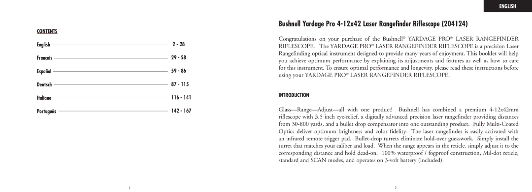 Bushnell 20-4124EU manual Contents, Introduction 