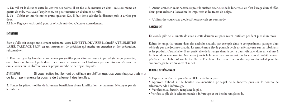 Bushnell 20-4124EU manual Entretien, Rangement, Tableau DE Dépannage 