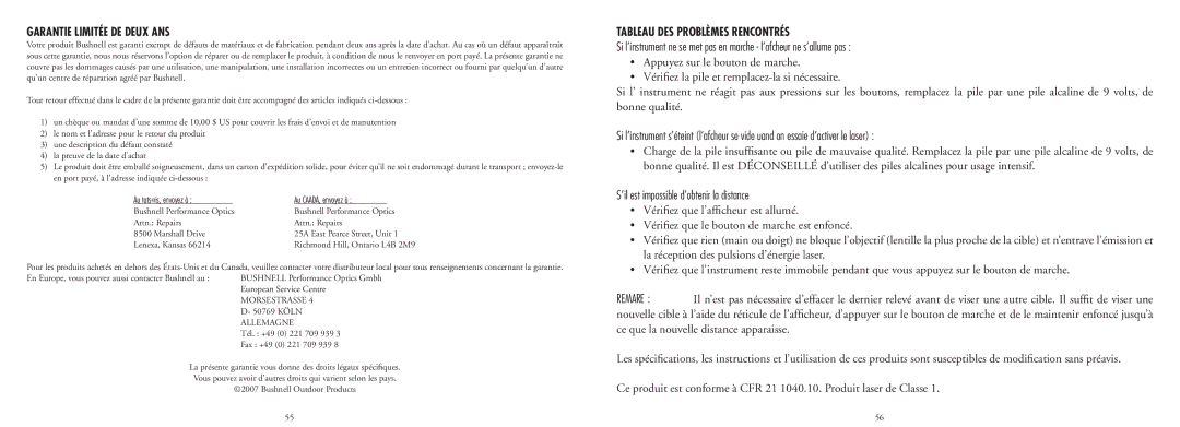 Bushnell 20-4124EU manual Garantie Limitée DE Deux ANS, Tableau DES Problèmes Rencontrés 