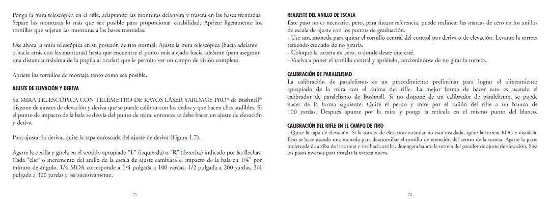 Bushnell 20-4124EU manual Ajuste DE Elevación Y Deriva, Reajuste DEL Anillo DE Escala, Calibración DE Paralelismo 