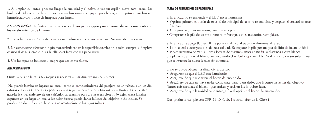 Bushnell 20-4124EU manual Almacenamiento, Tabla DE Resolución DE Problemas 