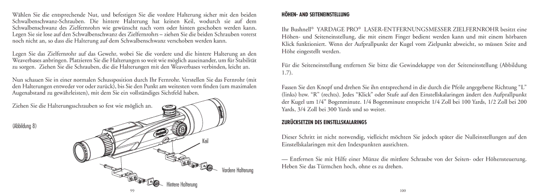 Bushnell 20-4124EU manual Abbildung Keil Vordere Halterung Hintere Halterung, HÖHEN- and Seiteneinstellung 