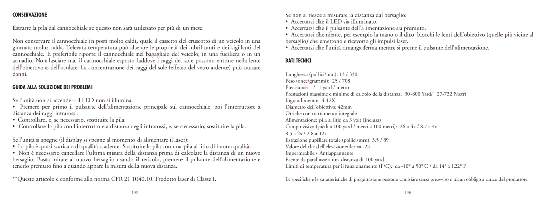 Bushnell 20-4124EU manual Conservazione, Guida Alla Soluzione DEI Problemi, Dati Tecnici 