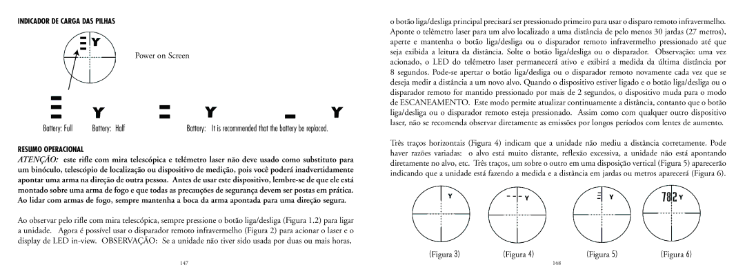Bushnell 20-4124EU manual Battery Full Battery Half, Indicador DE Carga DAS Pilhas, Resumo Operacional 