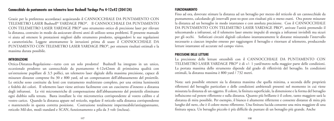 Bushnell 20-4124EU manual Introduzione, Funzionamento, Precisione Delle Letture 