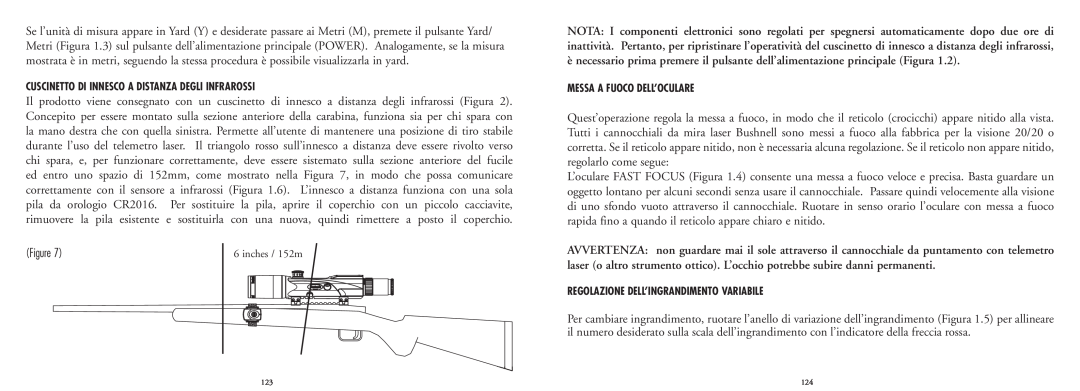 Bushnell 20-4124EU manual Cuscinetto Di Innesco A Distanza Degli Infrarossi, Messa A Fuoco Dell’Oculare, inches / 152m 