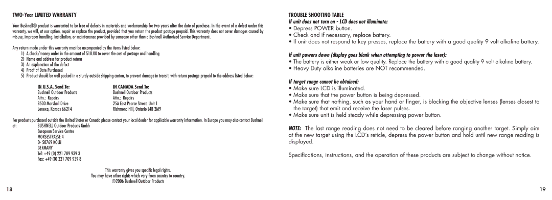 Bushnell 20-5101 manual TWO-Year Limited Warranty, Trouble Shooting Table, If unit does not turn on LCD does not illuminate 