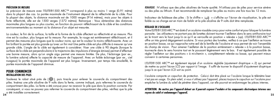 Bushnell 20-5101 manual Pour Commencer, Précision DE Mesure, Installation DES Piles, 24a été installée correctement 