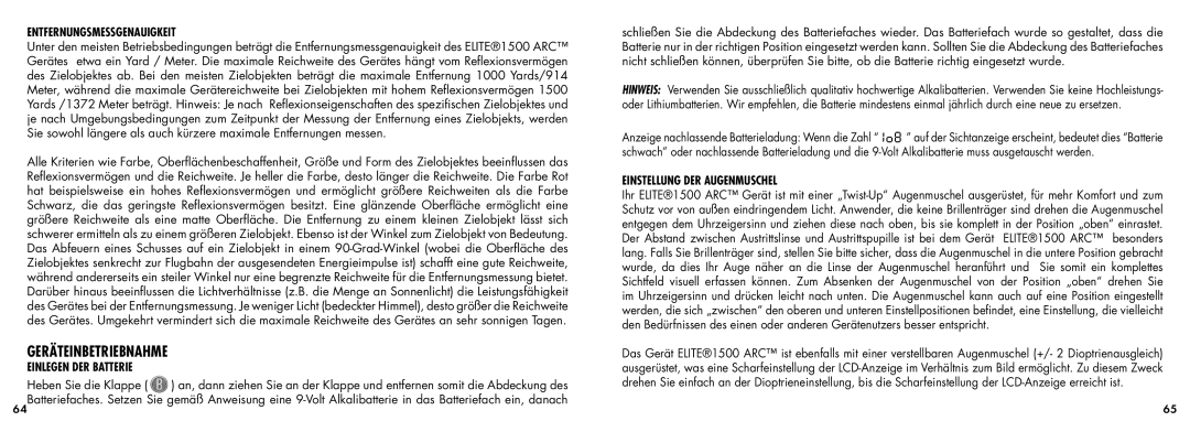 Bushnell 20-5101 Geräteinbetriebnahme, Entfernungsmessgenauigkeit, Einlegen DER Batterie, Einstellung DER Augenmuschel 