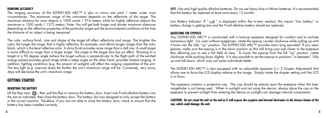 Bushnell 20-5101 manual Getting Started, Ranging Accuracy, Lift the flap near, Adjusting the Eyepiece 