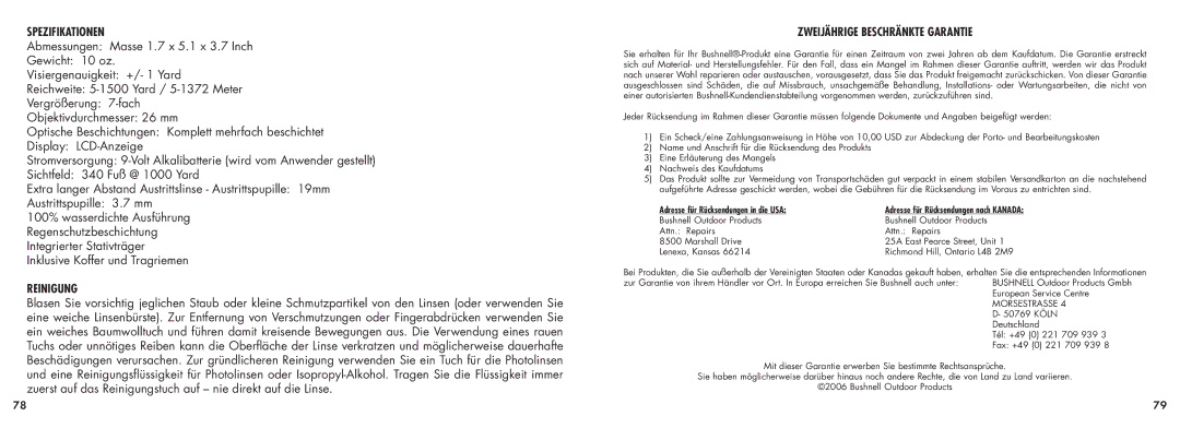 Bushnell 20-5101 manual Spezifikationen, Zweijährige Beschränkte Garantie, Austrittspupille 3.7 mm, Reinigung 