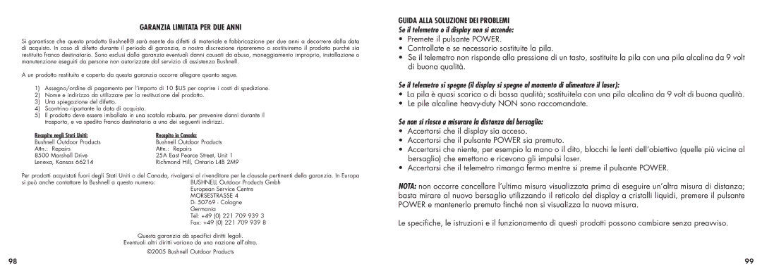 Bushnell 20-5101 manual Garanzia Limitata PER DUE Anni, Guida Alla Soluzione DEI Problemi 