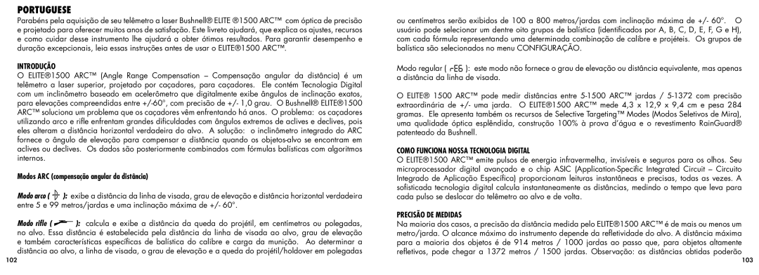 Bushnell 20-5101 manual Portuguese, Introdução, Modos ARC compensação angular da distância, Precisão DE Medidas 