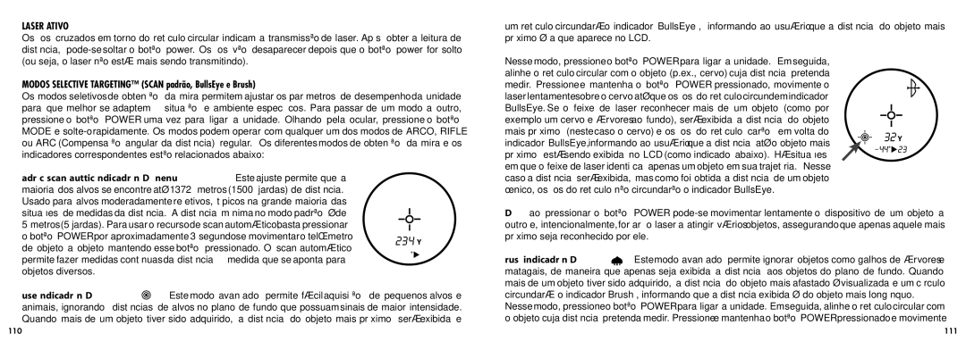 Bushnell 20-5101 manual Laser Ativo, Modos Selective Targeting Scan padrão, BullsEye e Brush 