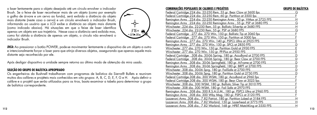 Bushnell 20-5101 manual Seleção do Grupo DE Balística Apropriado, Combinações populares de calibres e projéteis 