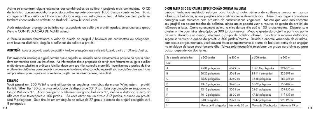 Bushnell 20-5101 manual Exemplo, Polegadas, Que fazer se o seu calibre específico não constar na lista? 