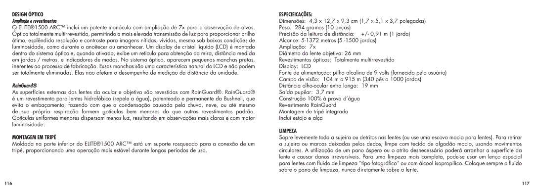 Bushnell 20-5101 manual Design Óptico, Ampliação e revestimentos, Montagem EM Tripé, Especificações, Limpeza 