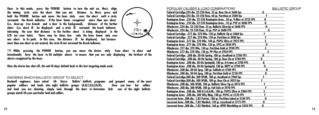 Bushnell 20-5101 manual Knowing Which Ballistic Group to Select, Popular Caliber & Load Combinations 