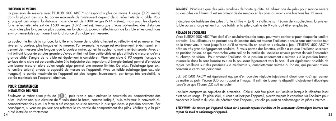 Bushnell 20-5101 manual Pour Commencer, Précision De Mesure, Installation Des Piles, Réglage De L’Oculaire 