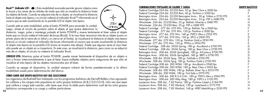 Bushnell 20-5101 manual Cómo Saber Qué Grupo Balístico Hay Que Seleccionar, Combinaciones populares de calibre y carga 