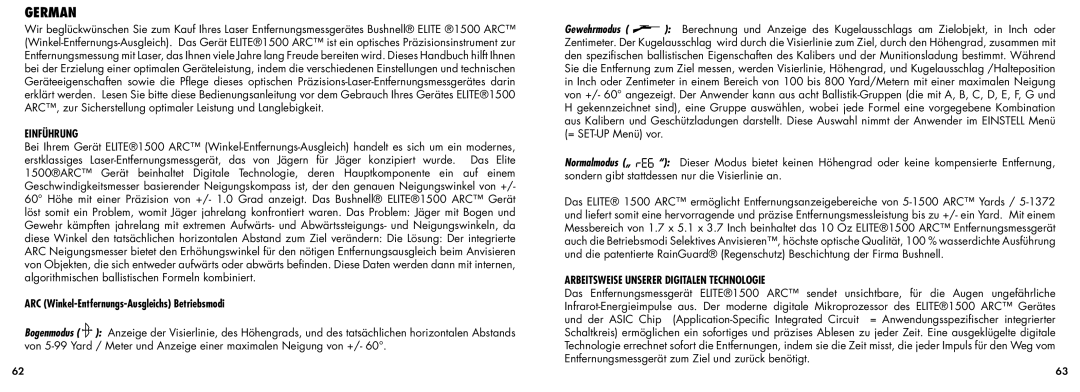 Bushnell 20-5101 manual German, Einführung, ARC Winkel-Entfernungs-Ausgleichs Betriebsmodi 