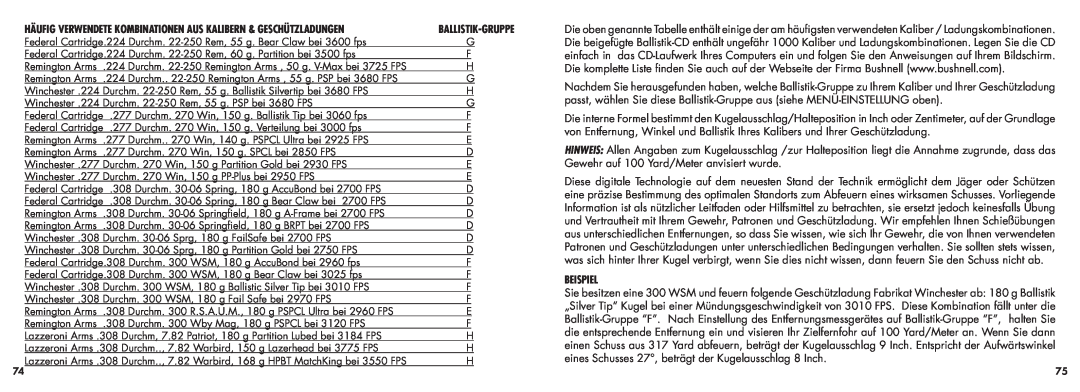 Bushnell 20-5101 manual Häufig verwendete Kombinationen aus Kalibern & Geschützladungen, Beispiel, Ballistik-Gruppe 