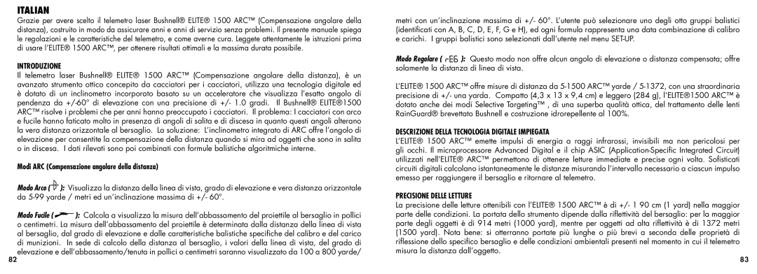 Bushnell 20-5101 manual Italian, Introduzione, Modi ARC Compensazione angolare della distanza, Precisione Delle Letture 