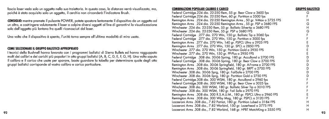 Bushnell 20-5101 manual Come Selezionare Il Gruppo Balistico Appropriato, Combinazioni popolari Calibro e Carico 