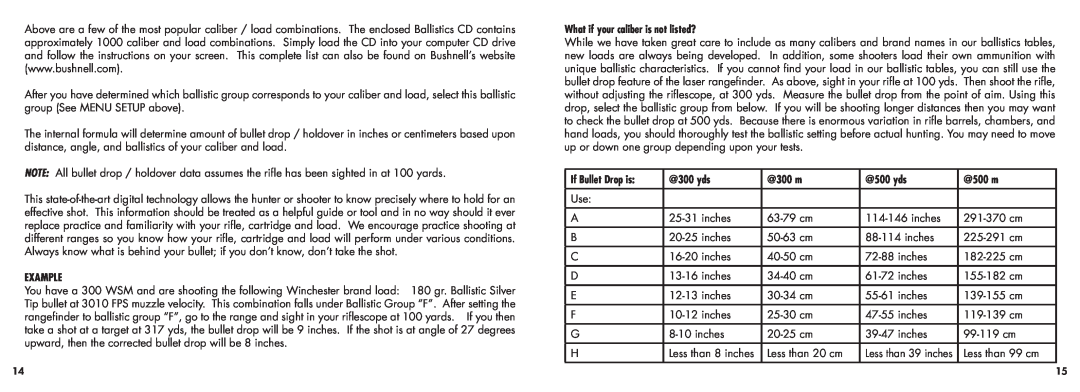 Bushnell 20-5101 manual Example, What if your caliber is not listed?, If Bullet Drop is, @300 yds, @300 m, @500 yds, @500 m 