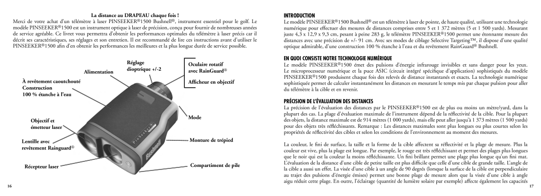 Bushnell 20-5102, 20-5103 manual La distance au Drapeau chaque fois, Alimentation, 100 % étanche à l’eau 