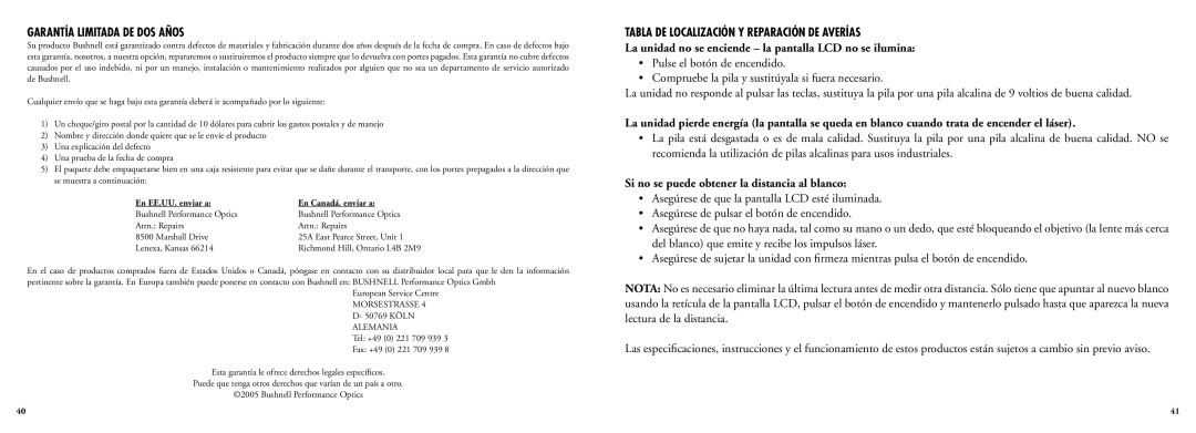 Bushnell 20-5103, 20-5102 manual Garantía Limitada DE DOS Años, Tabla DE Localización Y Reparación DE Averías 