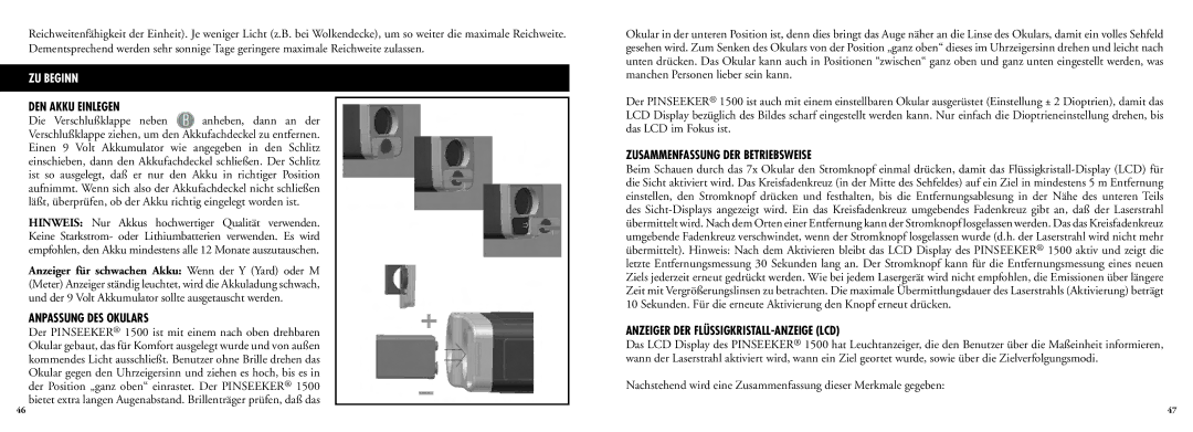 Bushnell 20-5103, 20-5102 manual DEN Akku Einlegen, Anpassung DES Okulars, Zusammenfassung DER Betriebsweise 