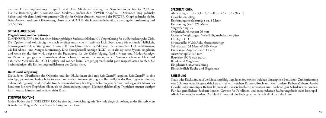 Bushnell 20-5102, 20-5103 manual Optische Auslegung, Stativvorrichtung, Spezifikationen, Säuberung 