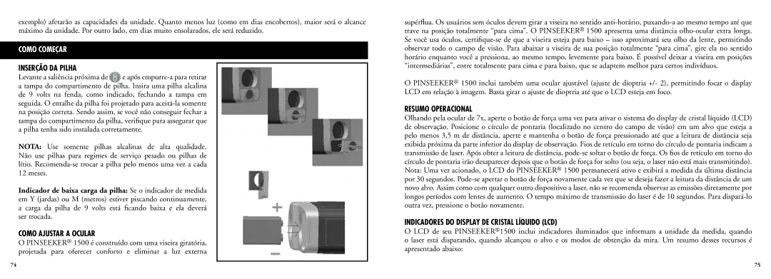 Bushnell 20-5103, 20-5102 manual Inserção DA Pilha, Como Ajustar a Ocular, Resumo Operacional 