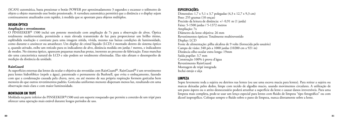 Bushnell 20-5102, 20-5103 manual Design Óptico, Ampliação e revestimentos, Montagem EM Tripé, Especificações, Limpeza 