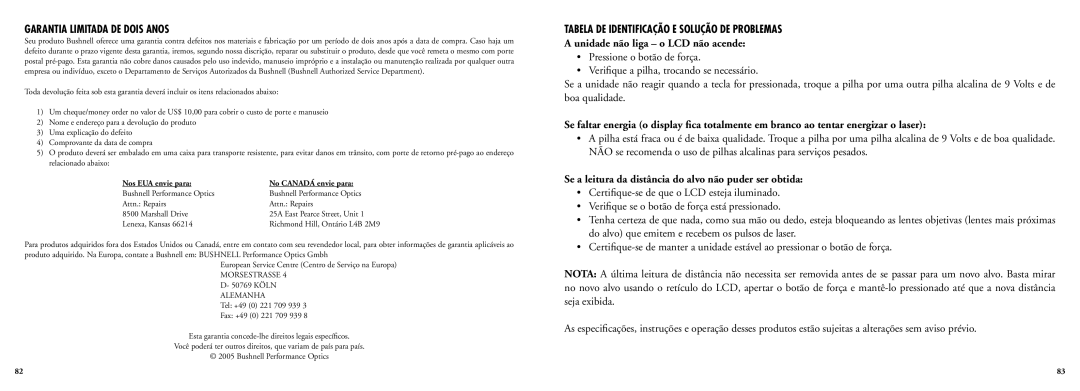 Bushnell 20-5103, 20-5102 manual Garantia Limitada DE Dois Anos, Tabela DE Identificação E Solução DE Problemas 