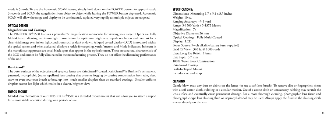 Bushnell 20-5102, 20-5103 manual Optical Design, Tripod Mount, Specifications, Cleaning 