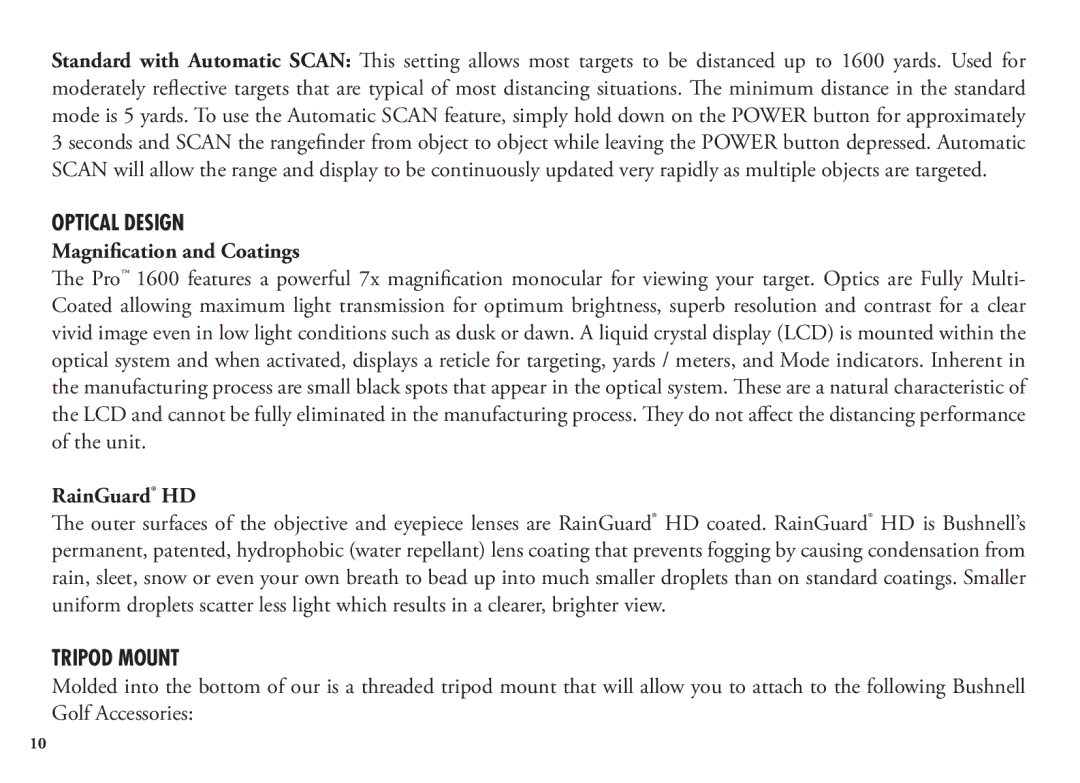 Bushnell 20 5106, 20 5105, 98-1342/12-08 manual Optical Design, Magnification and Coatings, Tripod Mount 