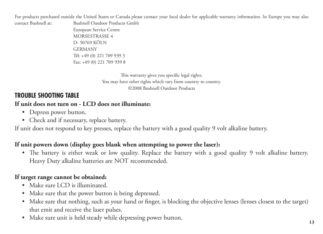 Bushnell 20 5106, 20 5105, 98-1342/12-08 manual Trouble Shooting Table, If unit does not turn on LCD does not illuminate 