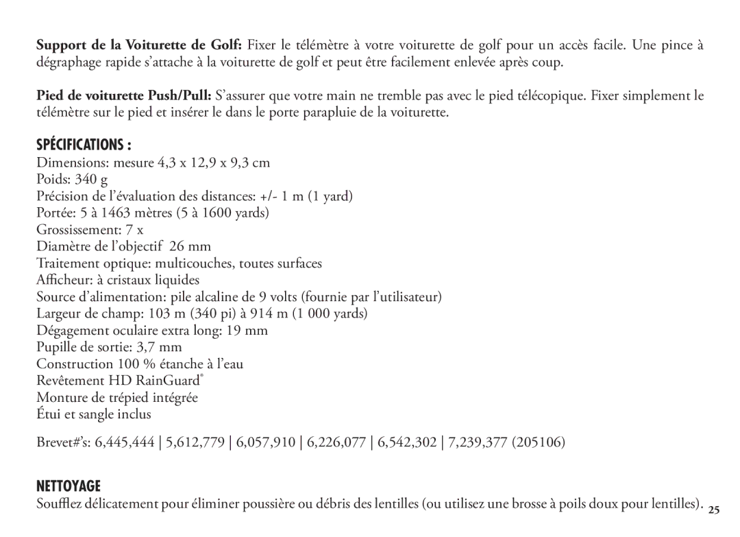 Bushnell 20 5106, 20 5105, 98-1342/12-08 manual Spécifications, Nettoyage 