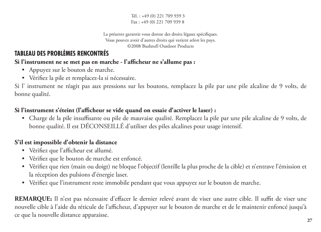 Bushnell 98-1342/12-08, 20 5106, 20 5105 manual Tableau DES Problèmes Rencontrés, ’il est impossible d’obtenir la distance 