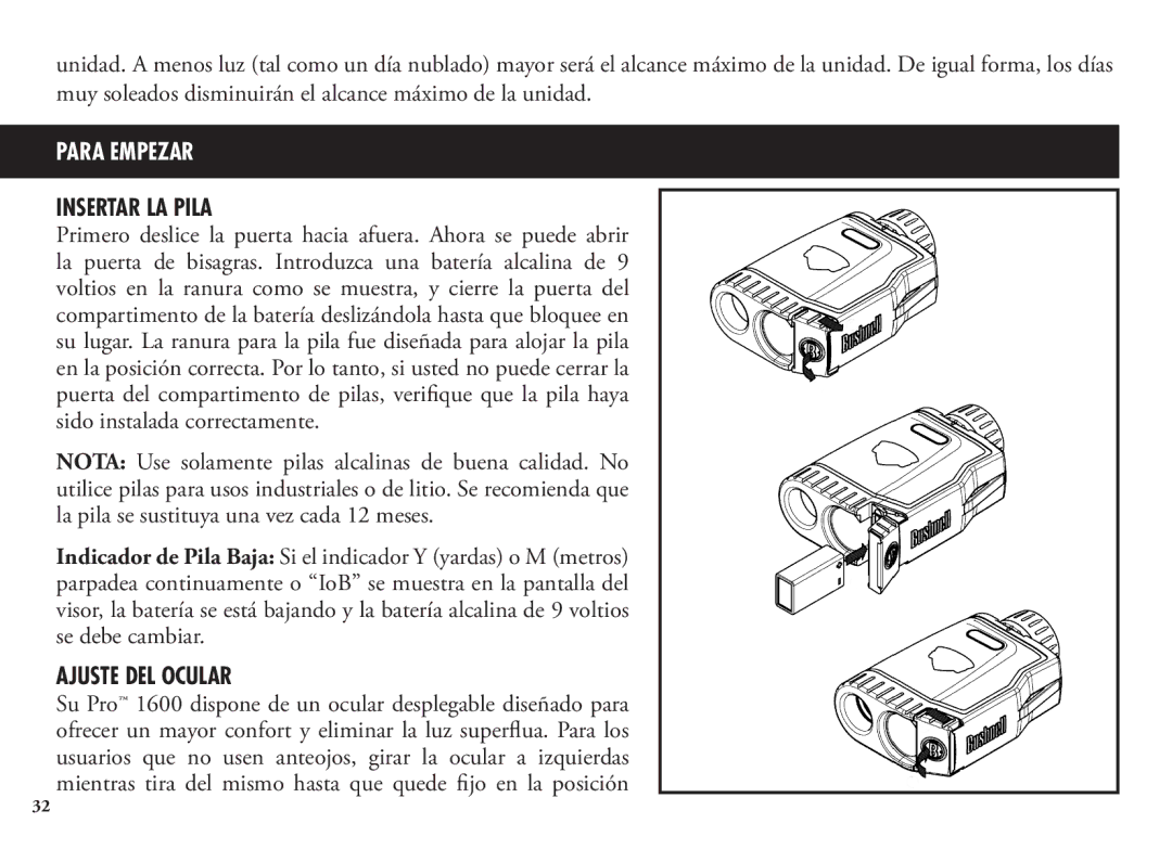 Bushnell 20 5105, 20 5106, 98-1342/12-08 manual Insertar LA Pila, Ajuste DEL Ocular 