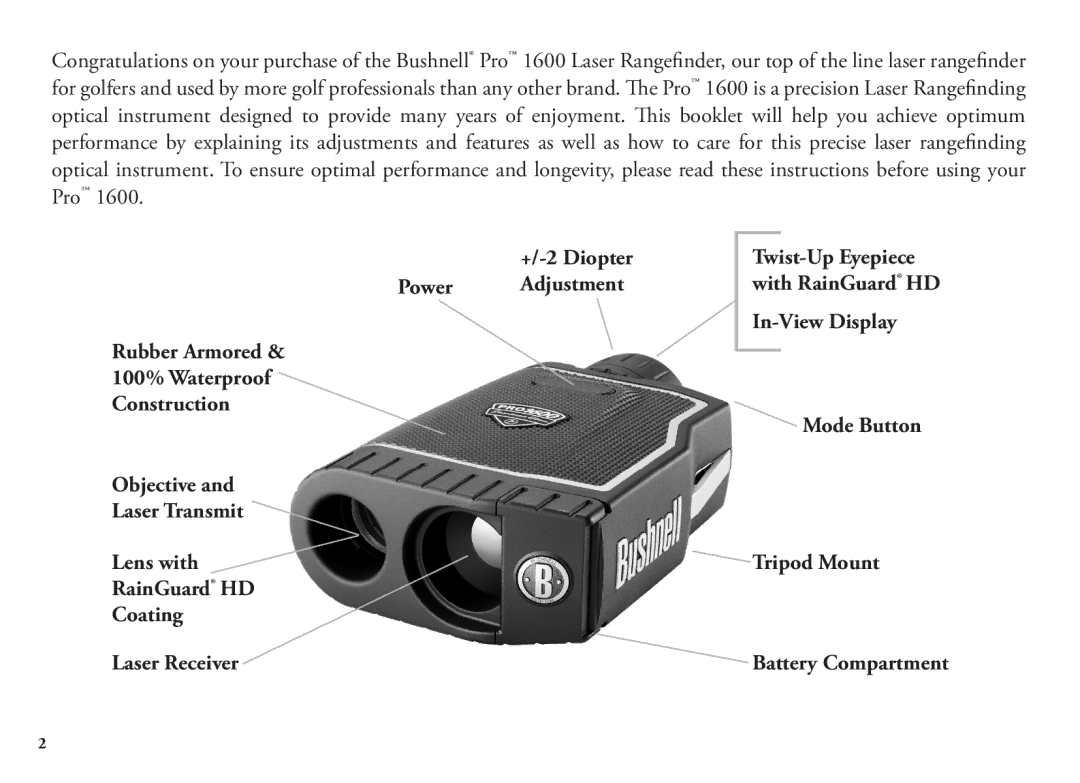 Bushnell 20 5105, 20 5106, 98-1342/12-08 manual +/-2 Diopter Twist-Up Eyepiece Power Adjustment, In-View Display 