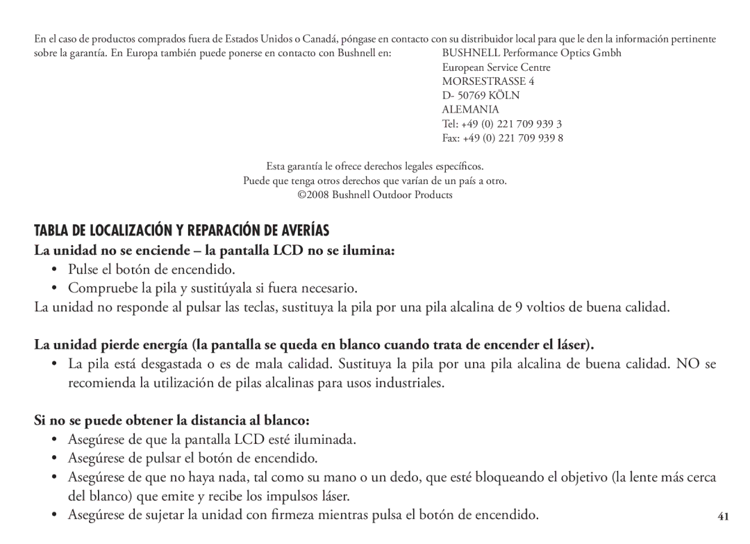 Bushnell 20 5105 Tabla DE Localización Y Reparación DE Averías, La unidad no se enciende la pantalla LCD no se ilumina 