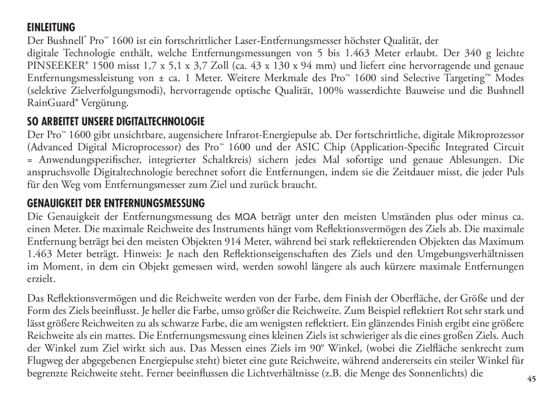 Bushnell 98-1342/12-08, 20 5106 manual Einleitung, SO Arbeitet Unsere Digitaltechnologie, Genauigkeit DER Entfernungsmessung 