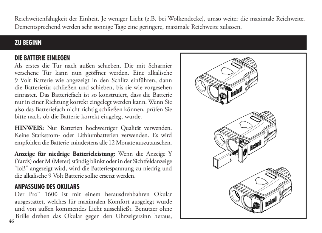 Bushnell 20 5106, 20 5105, 98-1342/12-08 manual DIE Batterie Einlegen, Anpassung DES Okulars 